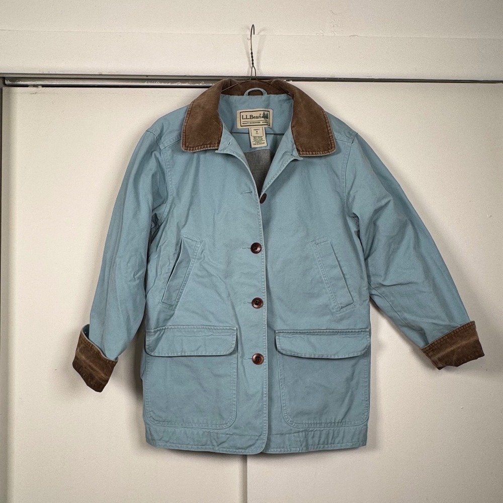LL Bean Womens MP Original Chore Coat Blue Cotton Canvas Corduroy Barn Jacket - Picture 1 of 5